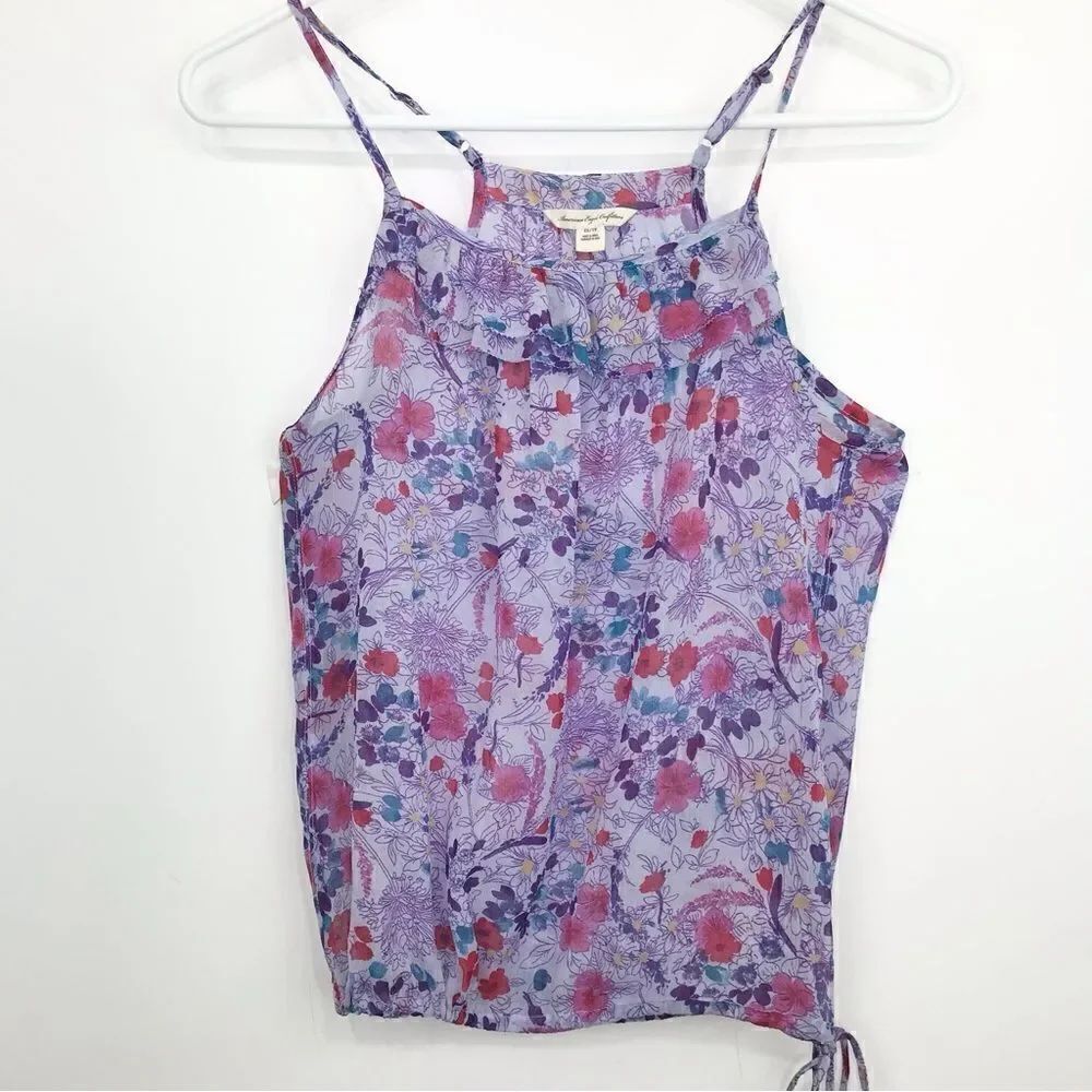 American Eagle Outfitters Lavender Floral Semi Sheer Tank Blouse